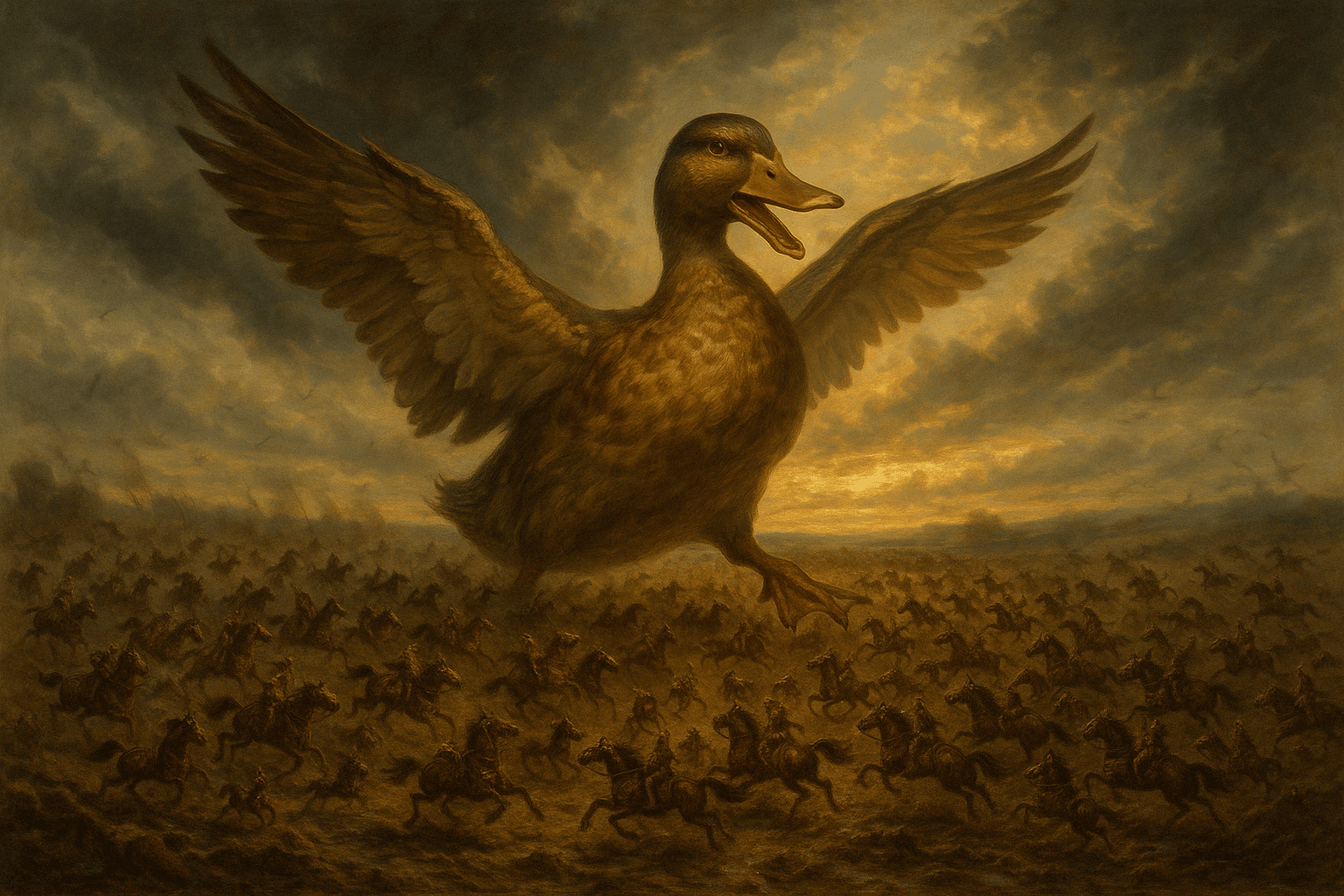 A military battle style oil painting in which a horse sized duck fights 1000 duck sized horses.