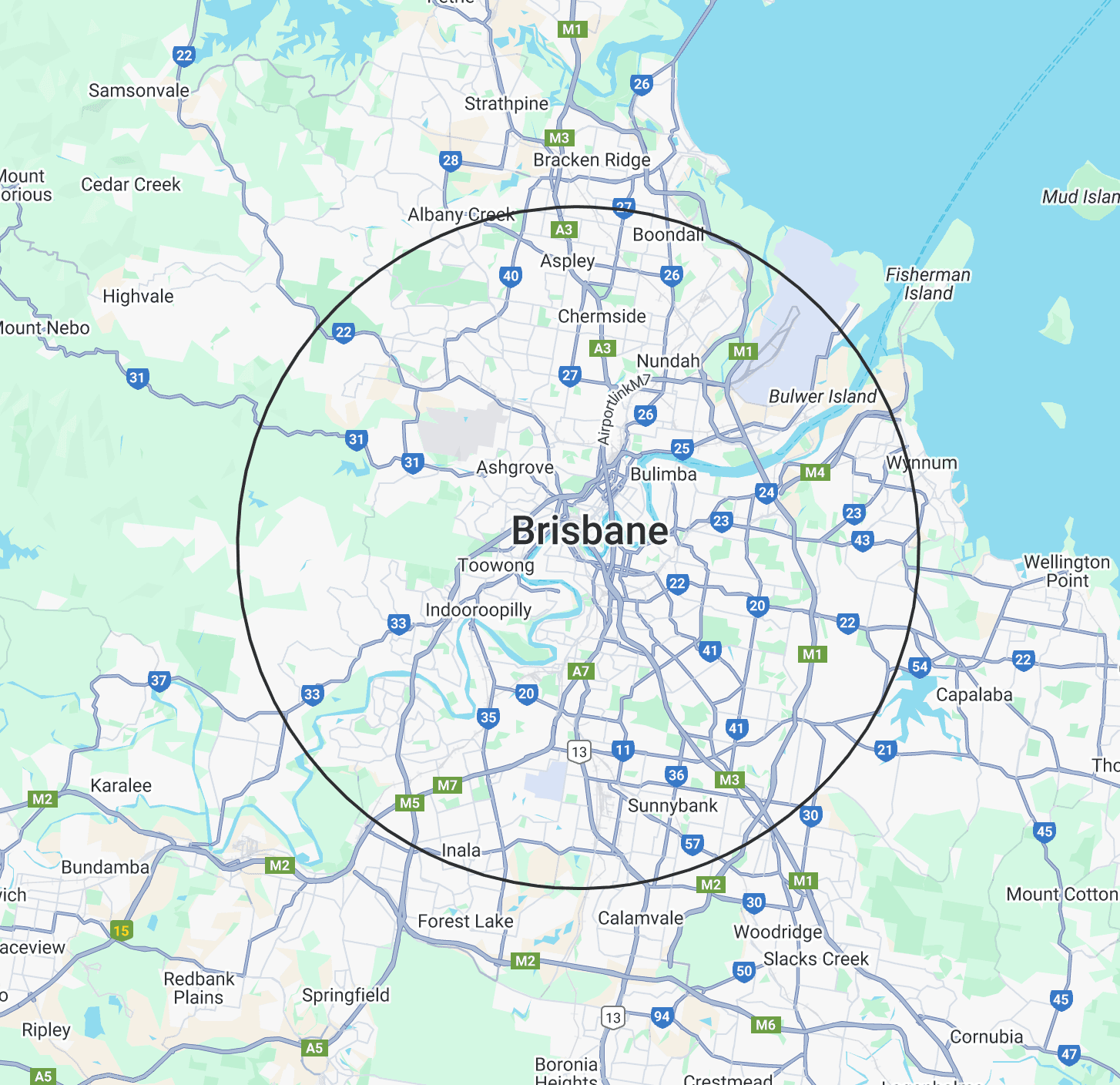 A screenshot of Google Maps with a 15km radius circle around it.