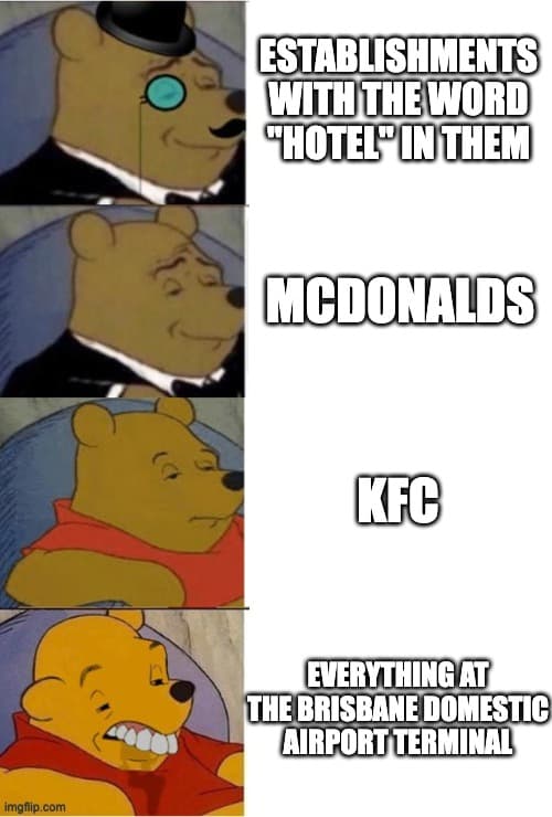 A four panel winnie the pooh meme, ordered from fanciest to least fancy. It is captioned: 'Establishments with the word 'hotel' in them.', 'McDonalds', 'KFC', 'Anything at the domestic airport terminal'.