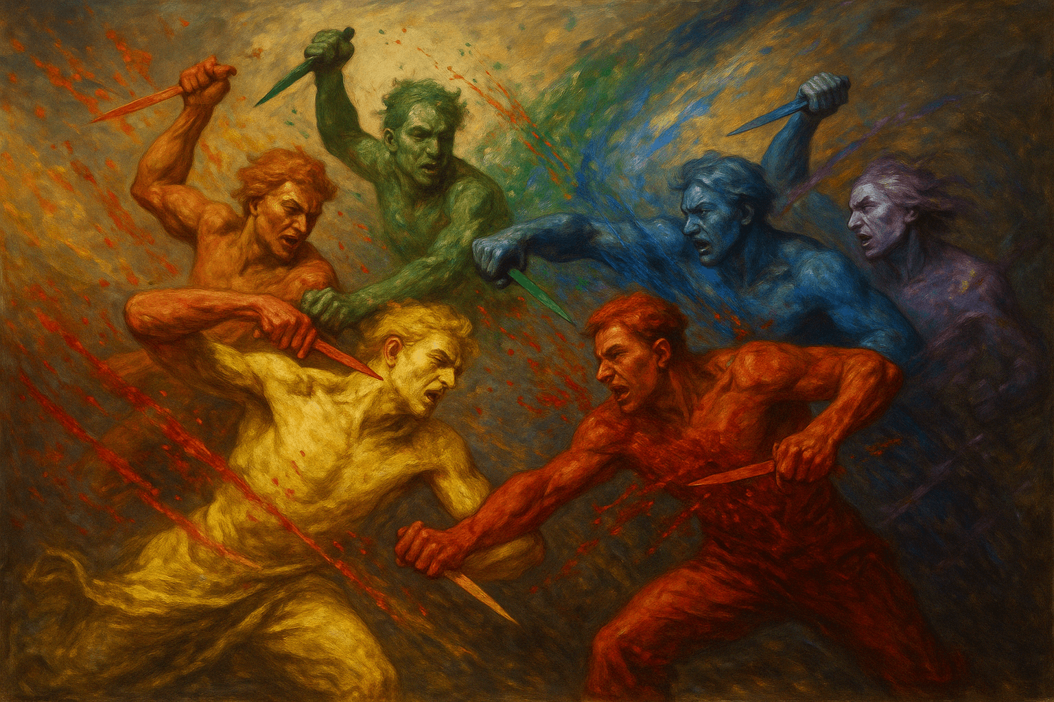 An AI generated image of the 7 colours of the ranbow all fighting each other with knives.