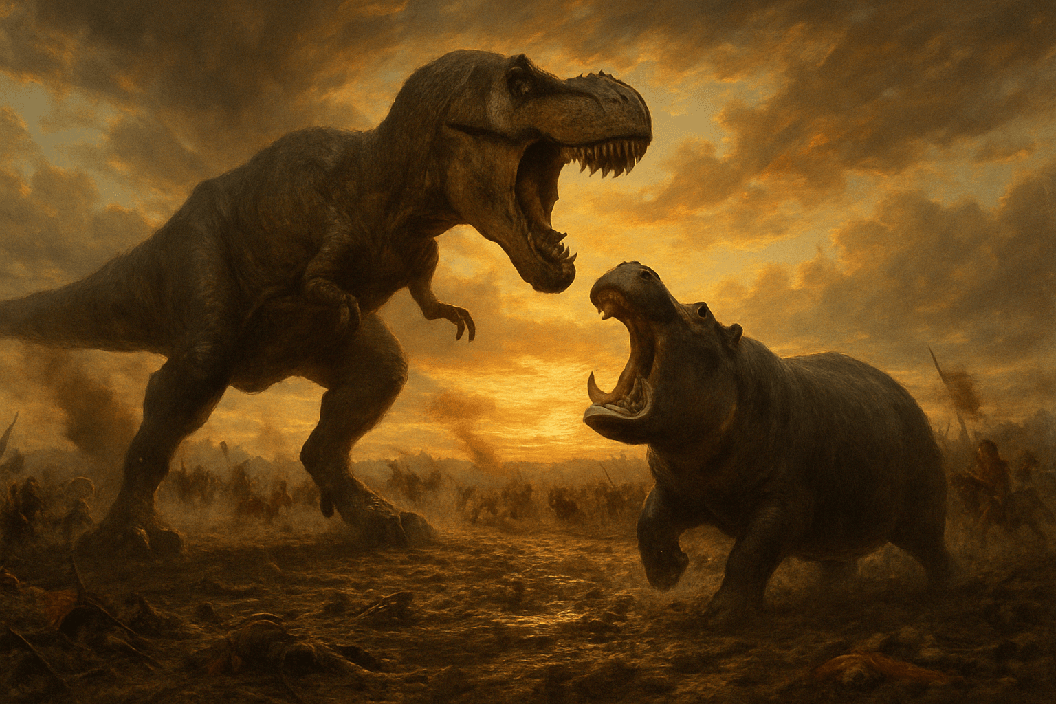 An AI generated image a T-rex fighting a hippo.