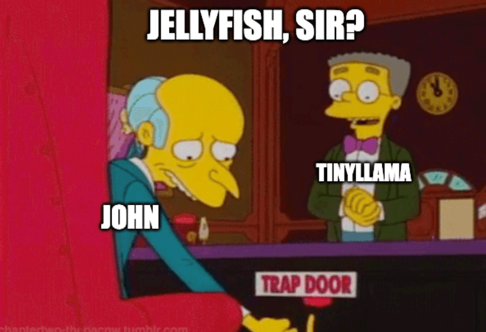 Smithers from The Simpsons responding with 'jellyfish' as Mr Burns hits the trap door button