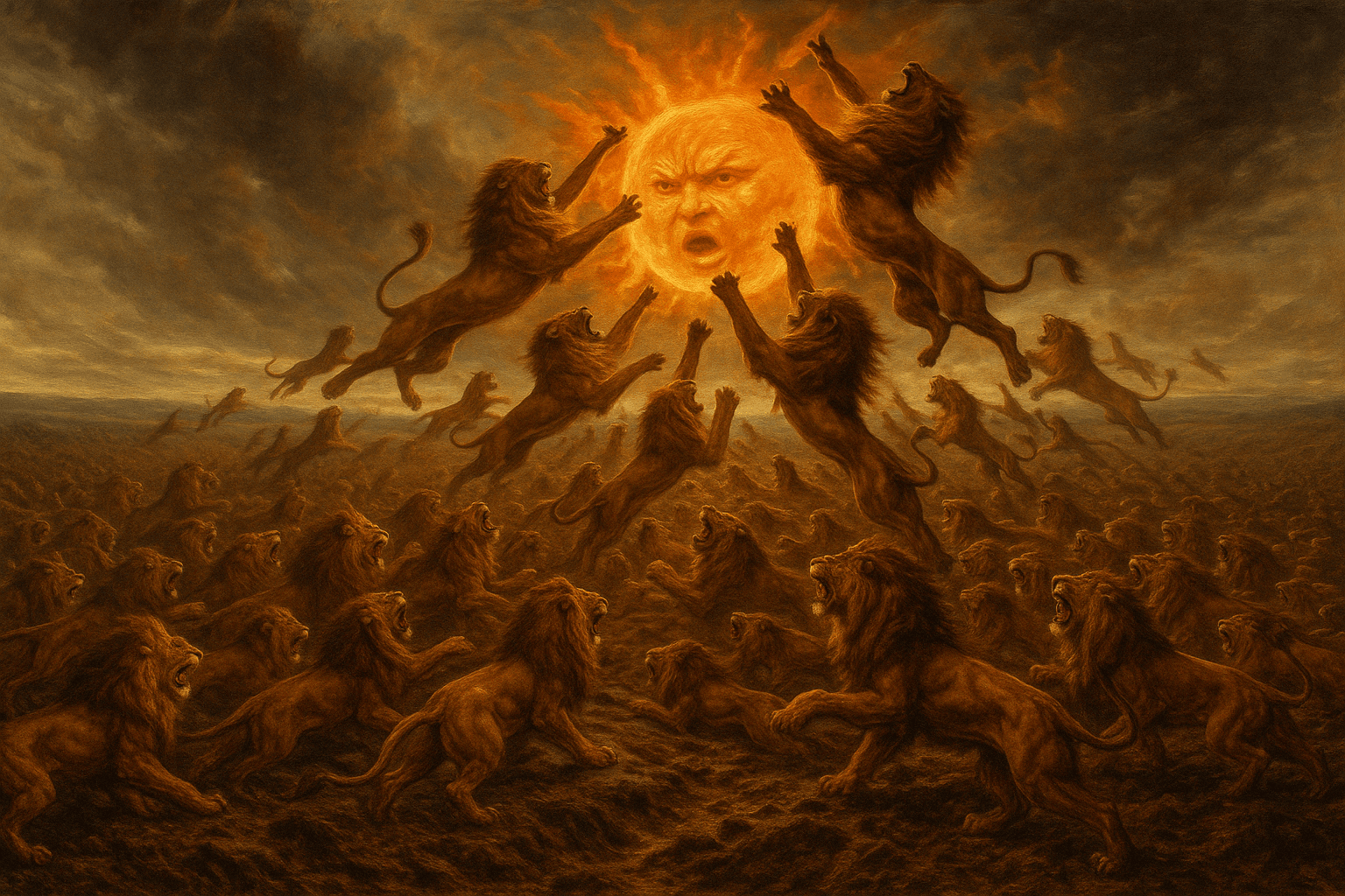 An AI generated image of 1 trillion lions fighting the sun.