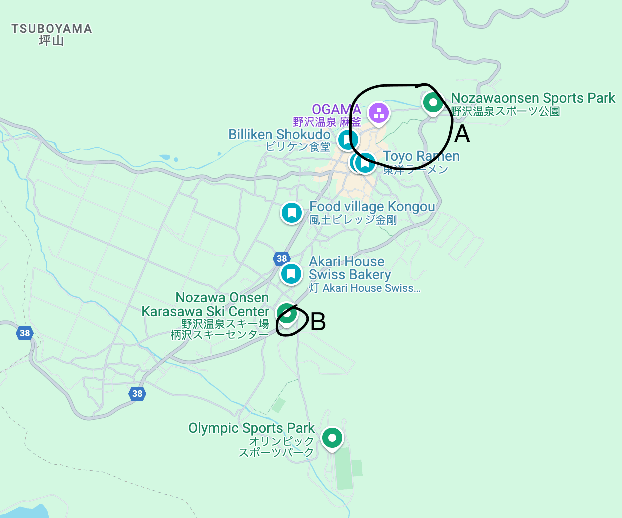 A screenshot of Google Maps, but with two circles drawn labelled "A" and "B"