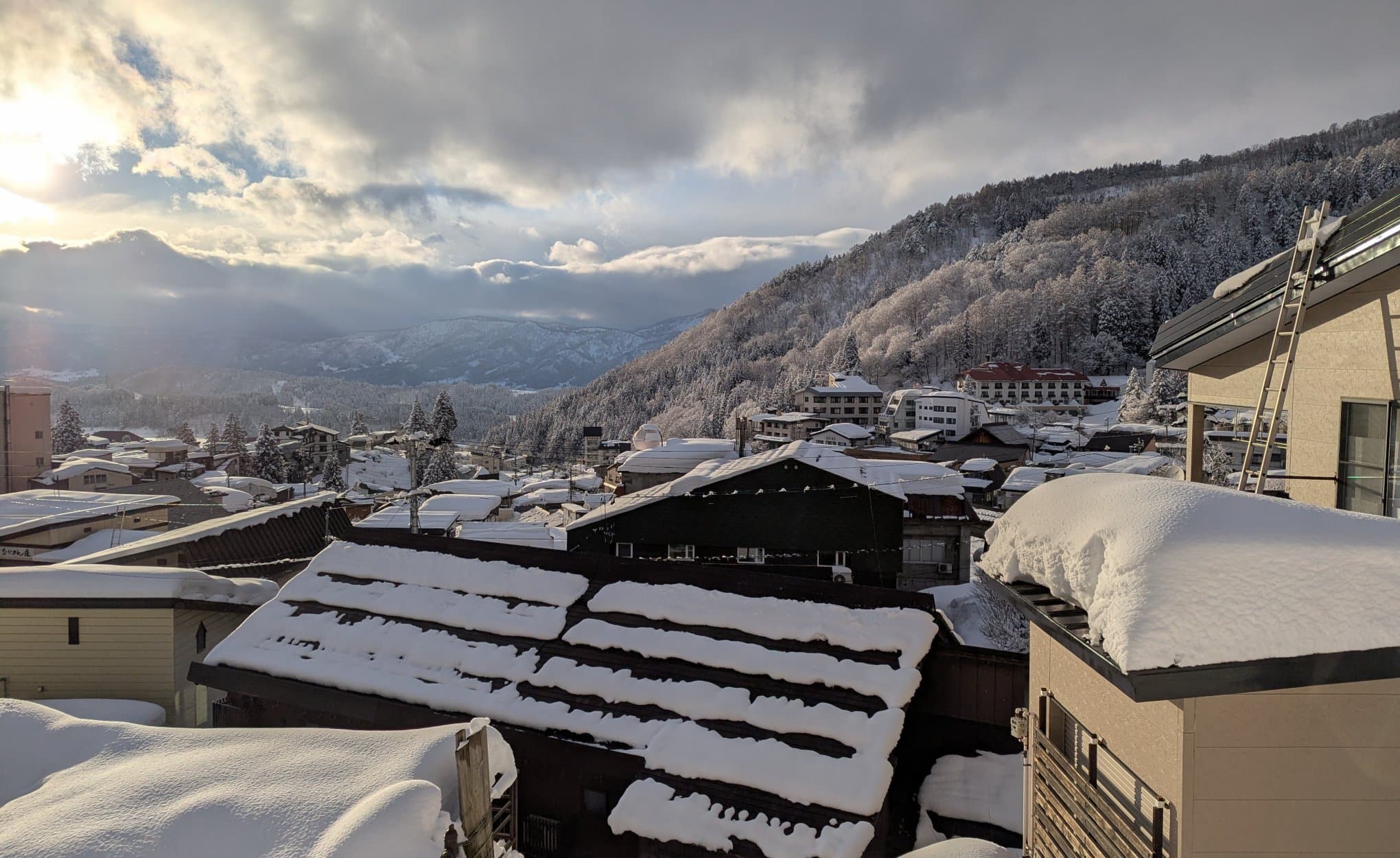 A beautiful shot looking down at the snow covered town of Nozawa Onsen