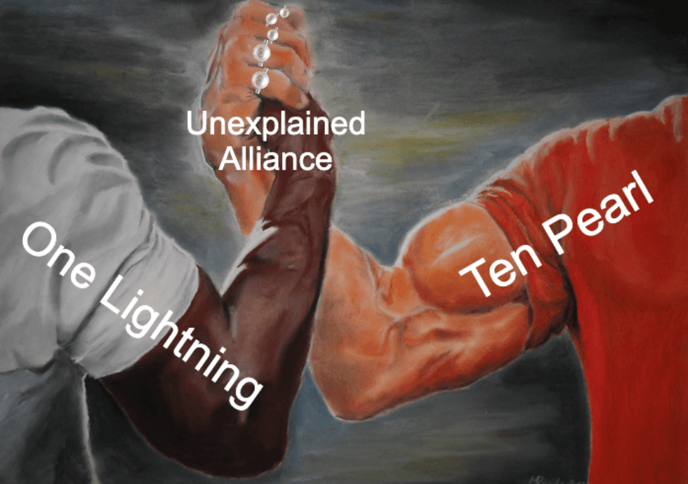 The "epic handshake meme" but one arm is labelled: "one lightning", and the other is labelled: "ten pearl". The arm labelled ten pearl is wearing pearl rings.