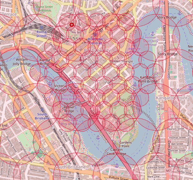 The same map as above, but zoomed in to show just Brisbane CBD, and how the circles are significantly smaller and more numerous in the city.