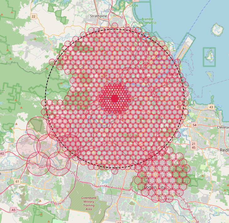An image of Brisbane with 900 interecting circles overlaid to cover the entire city.