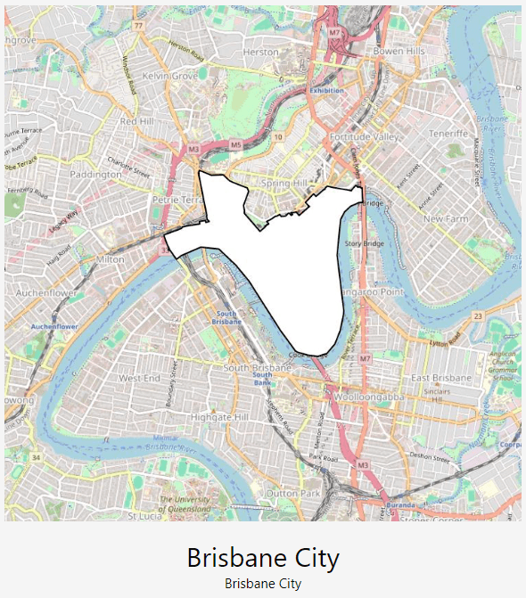 The suburb of Brisbane City whited out, overlaid on a map of Brisbane