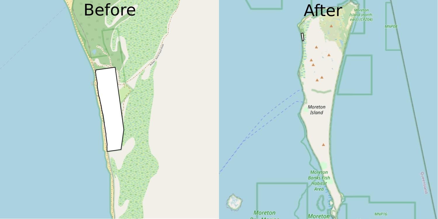 Two small maps of Bulwer, labelled before and after. The 'before map' is huge, but it's essentially just a rectangle surrounded by green. The after map contains all of Moreton Island and just a small rectangle highlighted.