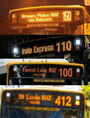 An image showing the front signage of 5 buses. They all have a number on the left and then the suburb name as the name of the bus.