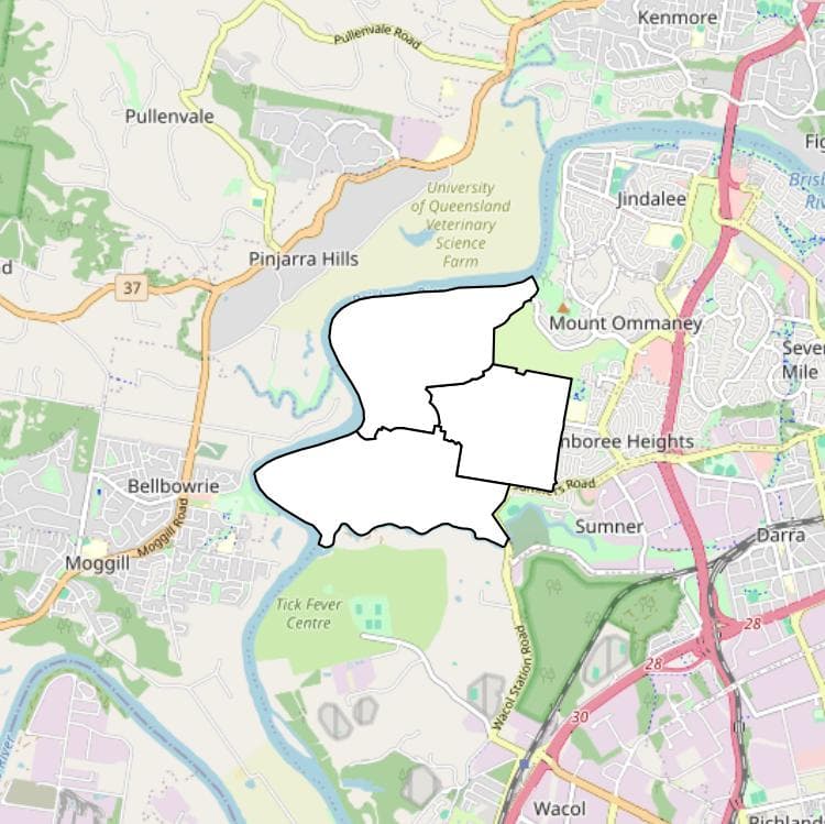 A map of Brisbane with Middle Park, Riverhills, and Westlake highlighted