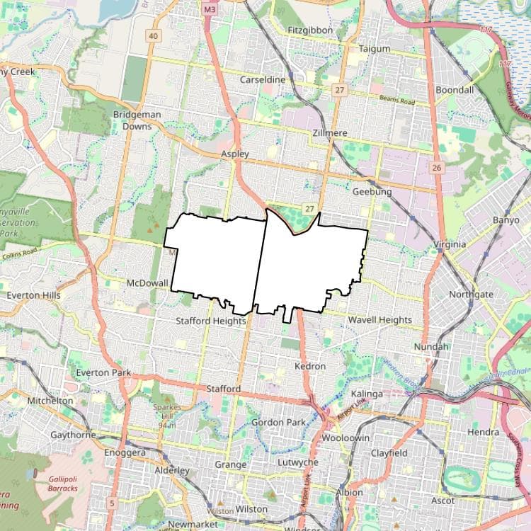 A map of Brisbane with both Chermside and the neighbouring Chermside West blanked out.