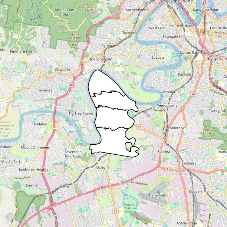 A map of Brisbane with Chelmer, Graceville, Sherwood and Corinda highlighted