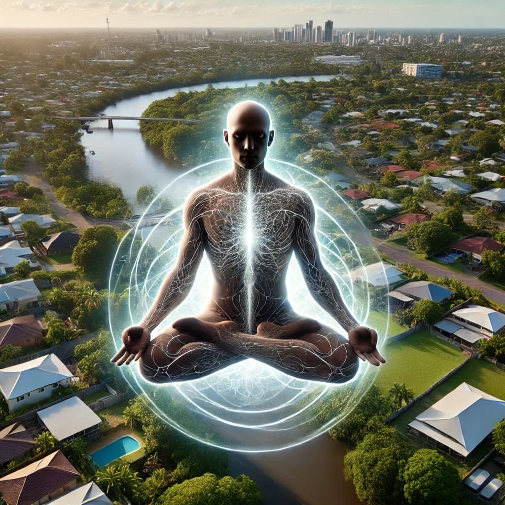 An AI generated image of a man hovering above the ground as he sits in a cross legged meditative pose. In the background is Brisbane.