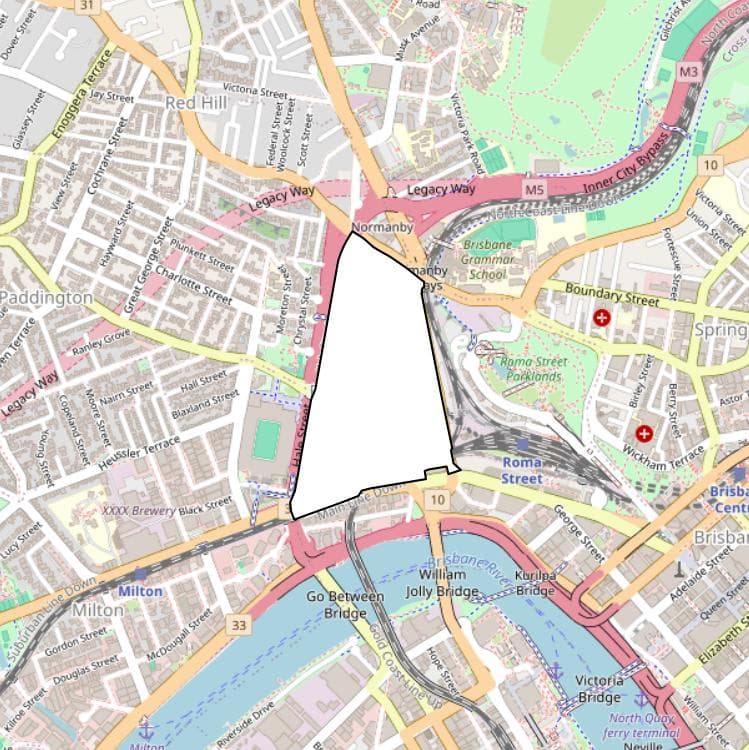 A map of Brisbane with Petrie Terrace highlighted