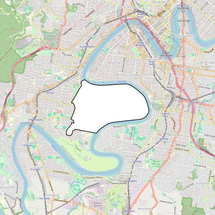 A map of Brisbane with St Lucia highlighted