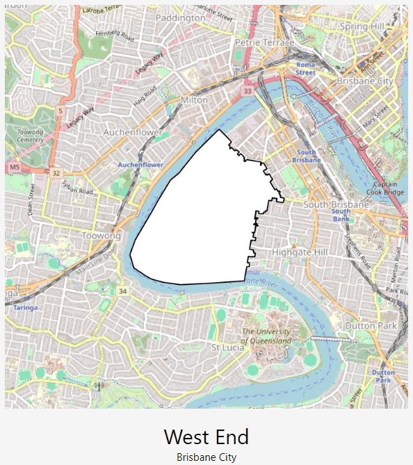 The suburb of West End whited out, overlaid on a map of Brisbane