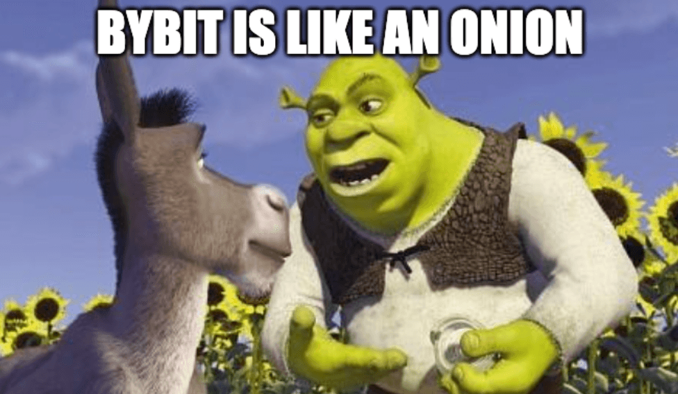 A screenshot of Shrek explain to Donkey that Bybit is like an onion because "it has layers".