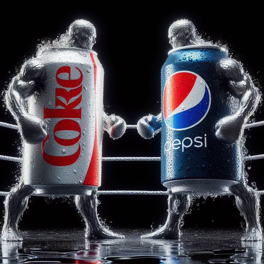 An AI image of a Can of Pepsi fighting a Can of Coke in a boxing match.