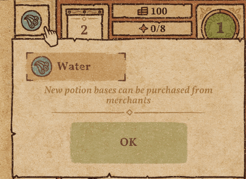 A screenshot of the initial state of the potion bases tab, telling the user that "you'll discover this later".