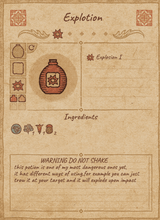 A custom recipe for the potion of explosion with a custom description.