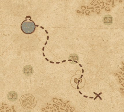 The path on the potion map showing how to get a level 3 health potion with 2 Lifeleaf