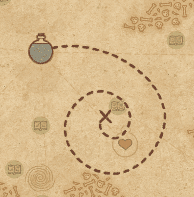 The path on the potion map showing how to get a level 3 health potion with an Evergreen Fern