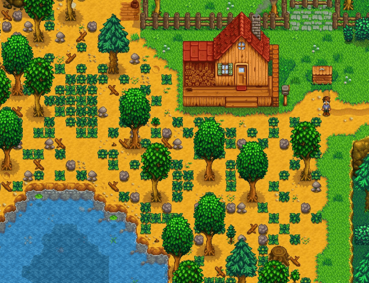 A screenshot of a cluttered Stardew Valley farm, covered in twigs, sticks, and leaves.