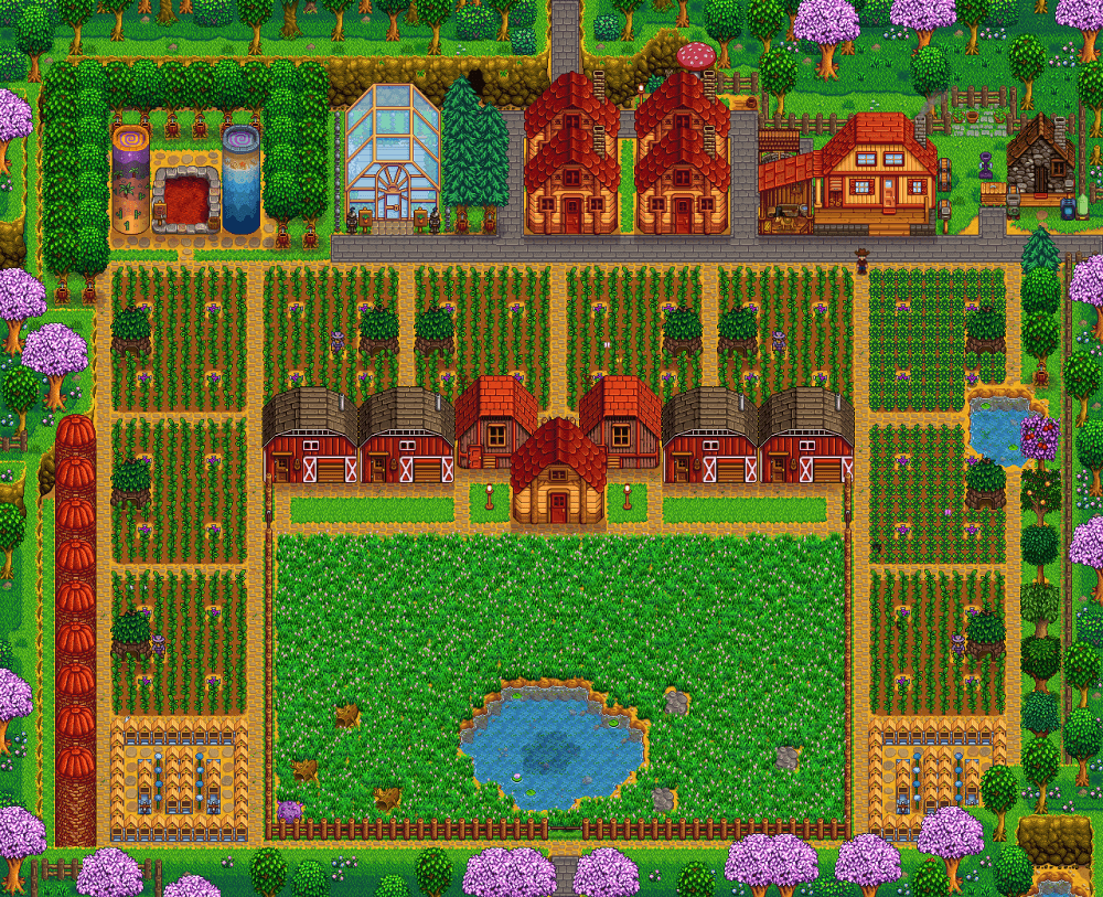 A screenshow of a perfectly manicured farm in Stardew Valley. The farm is separated neatly into areas with fances.