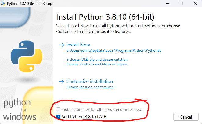 The python installer window with "install for all users" unticked, and "add Python to path" ticked