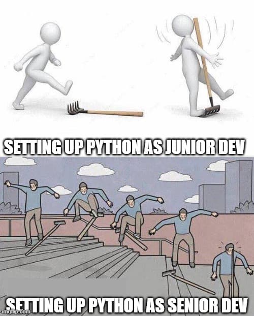 An image of a guy standing on a rake, and it hitting him on the head, captioned: "setting Python up as a junior dev", and a guy kickflipping a rake down some stairs only to step on it and get hit in the head captioned: "setting Python up as a senior dev".