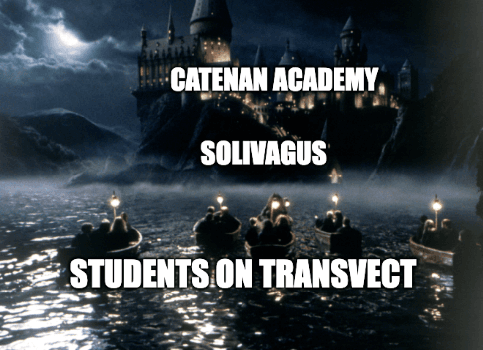 Panorama of students sailing over the great lake to Hogwarts, but it's actually labelled as the students arriving to Catenan Academy on the Transvects.