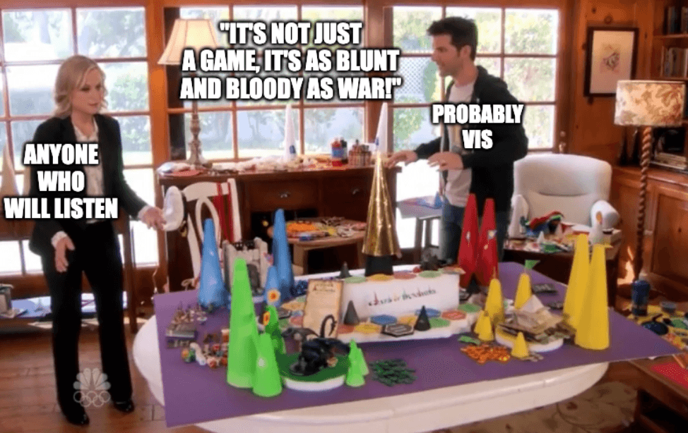 A scene of the Cones of Dunshine being explained by Vis to anyone who will listen.