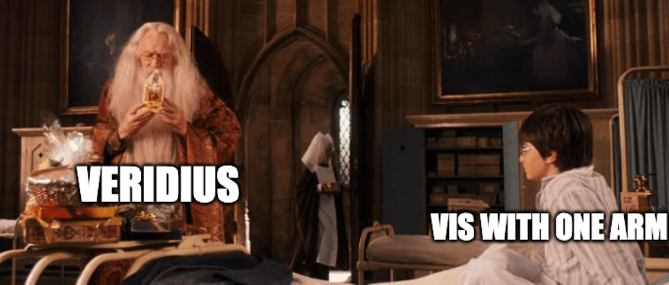 Harry in the hostital wing with Dumbledoor, but it's actually Veridius with a one-armed-vis.