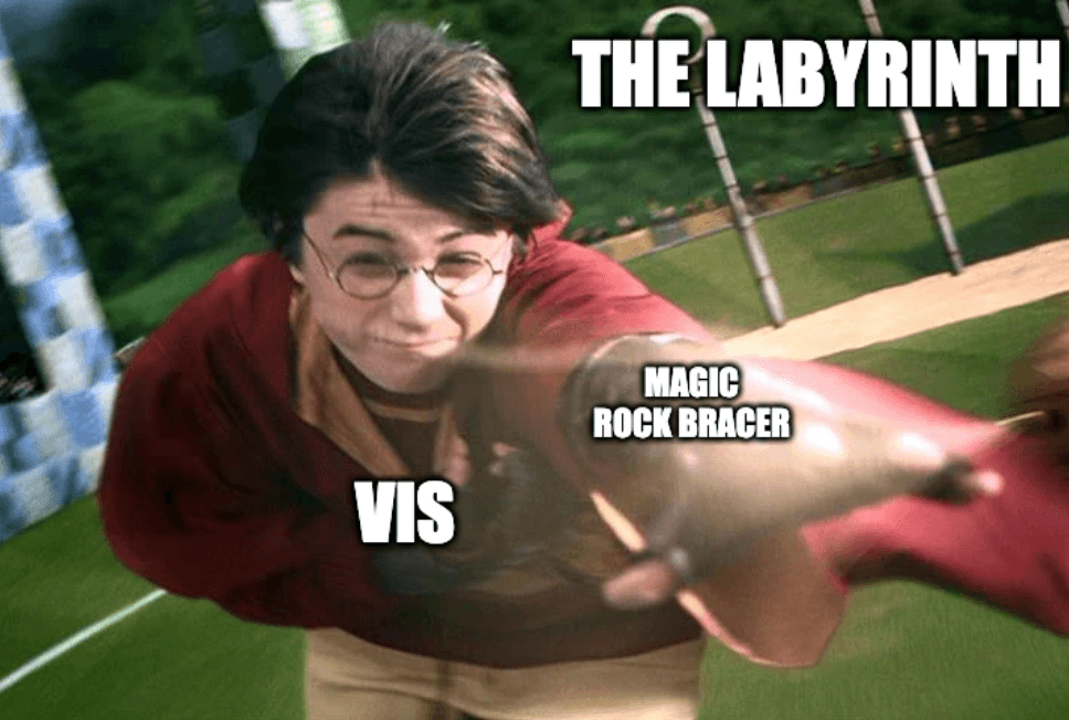 Harry flying on his broom, but it's labelled as if it's vis running the labyrinth.