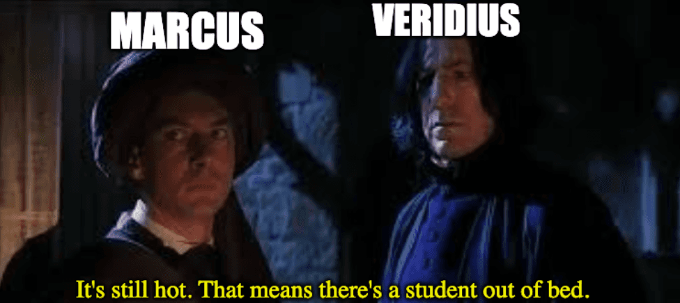 Quirill and Snape being notified there is a student out of bed, but they're labelled as Marcus and Veridius.