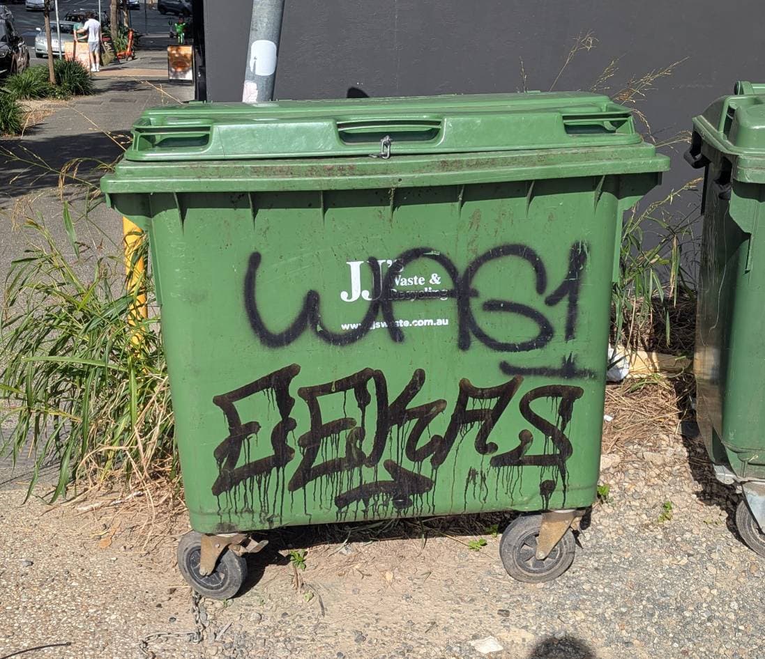 A green skip bin sprayed with the Eekas tag.