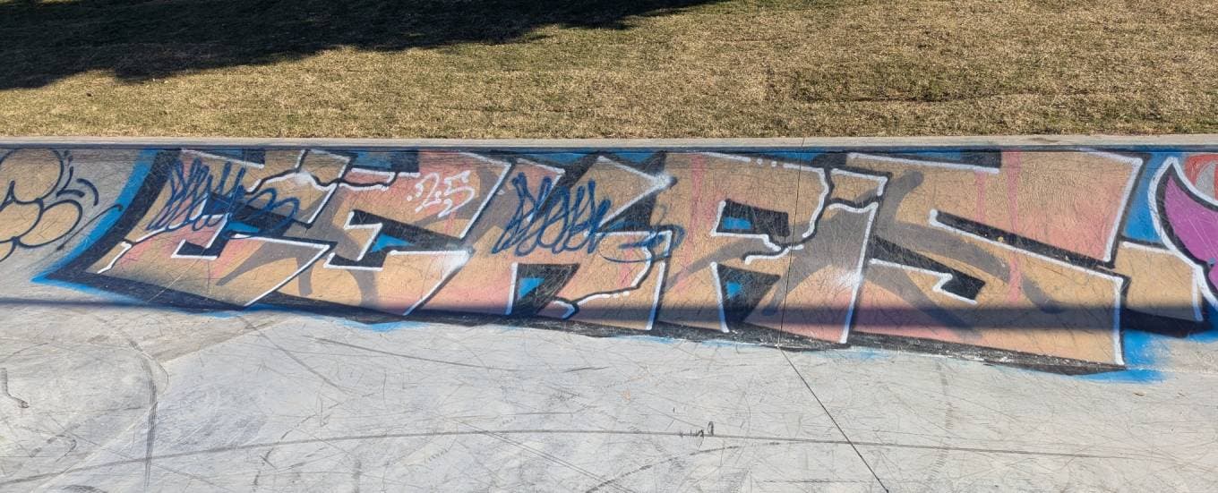 The side of a skate park. A big fancy Eekas here.