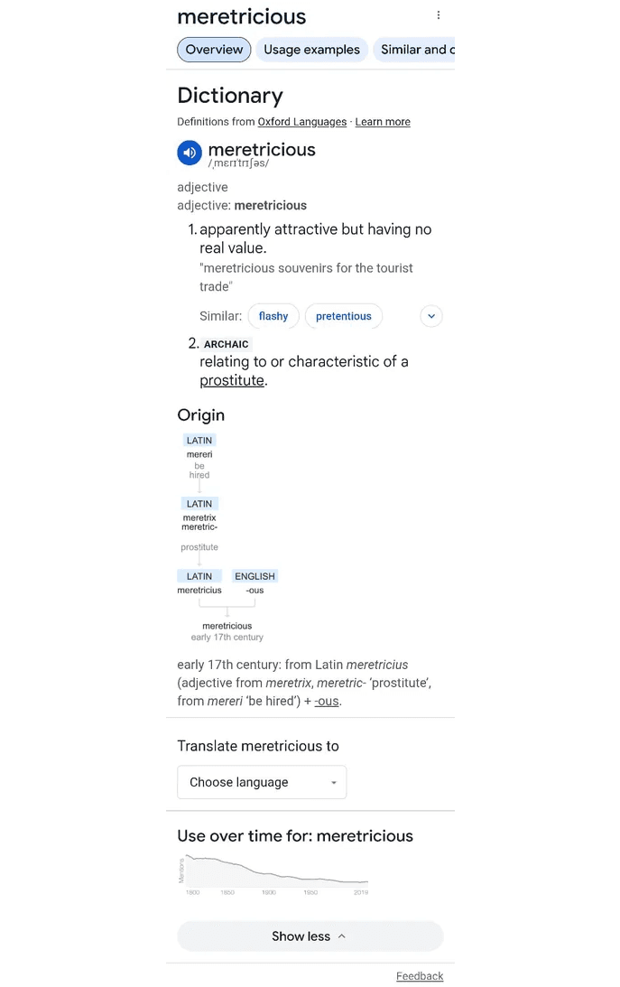 A screenshot I took from someone on Reddit of an example of the old dictionary widget on Google.