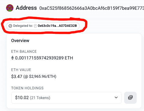 A screenshot of Basescan.org showing a wallet address. There is a little box at the top showing that it has delegated execution to a contract.