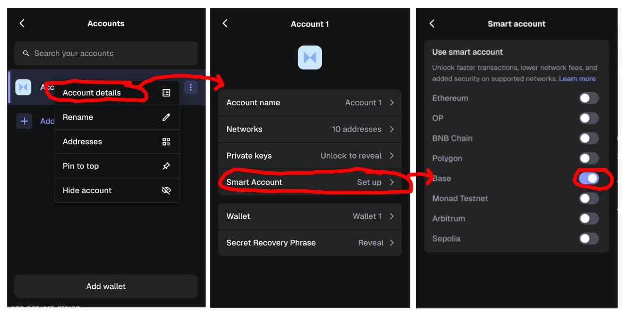 A 3 step panel shows the menus to click on to turn smart accounts off in Metamask.